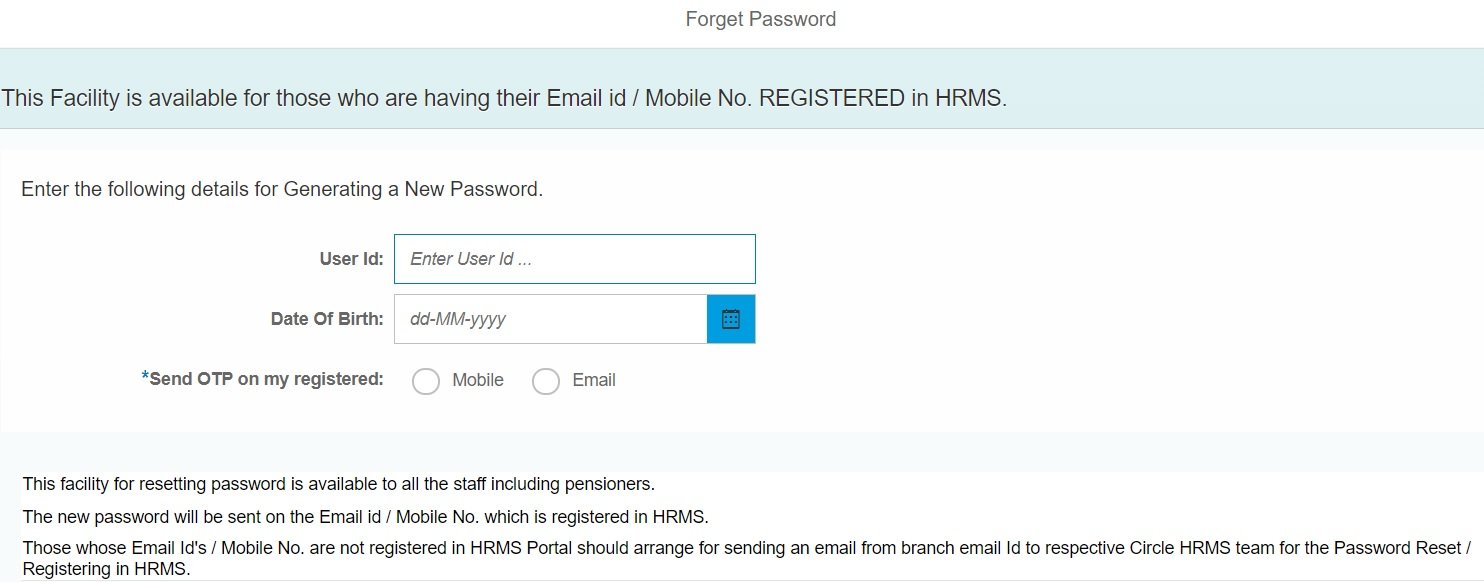 Forgot and Reset SBI HRMS Password Source from hrms.onlinesbi.com portal
