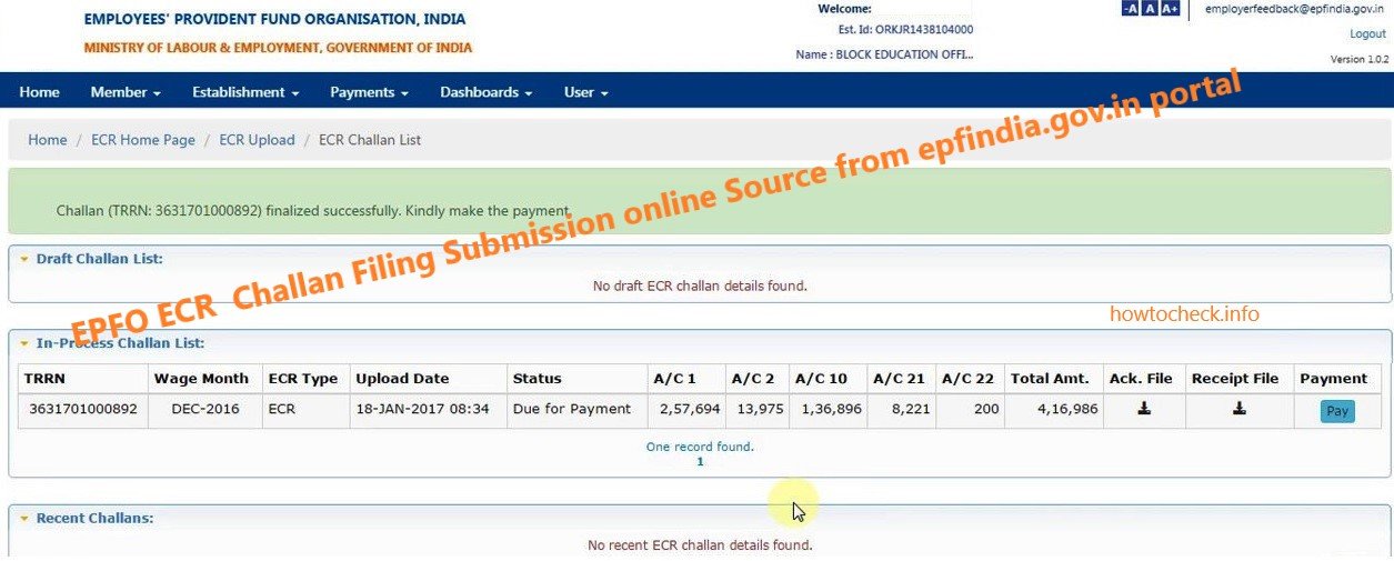 EPFO ECR Challan Filing Submission online source from epfindia.gov.in